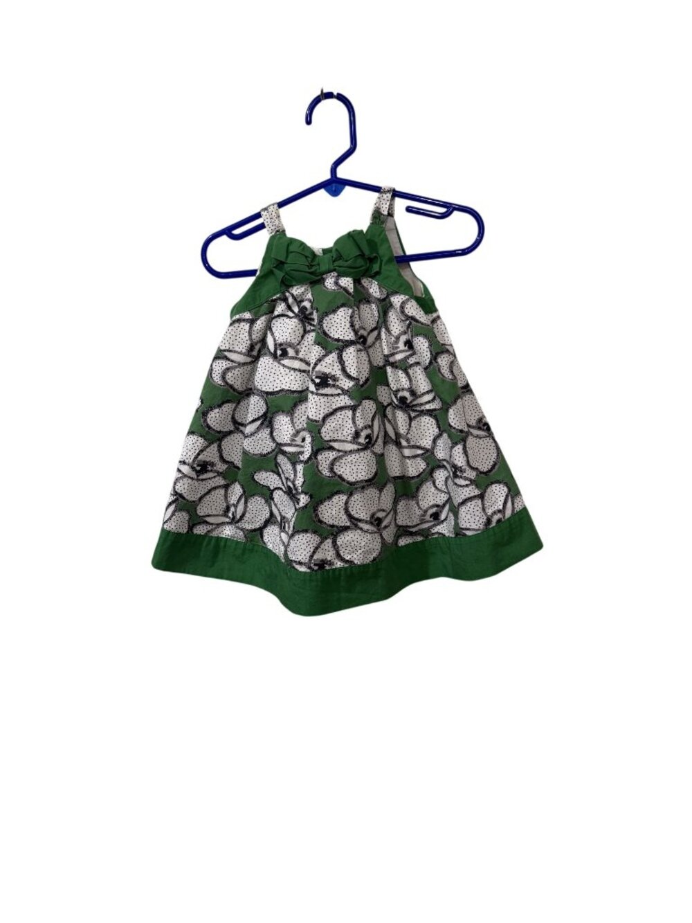 Green & White Floral Baby Dress With Bow Accent 6-12 Months 100% Cotton Button-B
